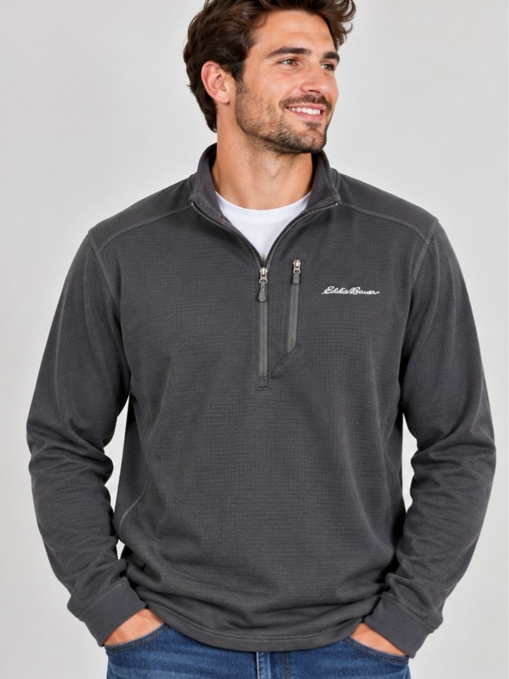 Eddie Bauer Men's XL 1/4 Zip Pullover Gray Stretch Performance Chest Pocket